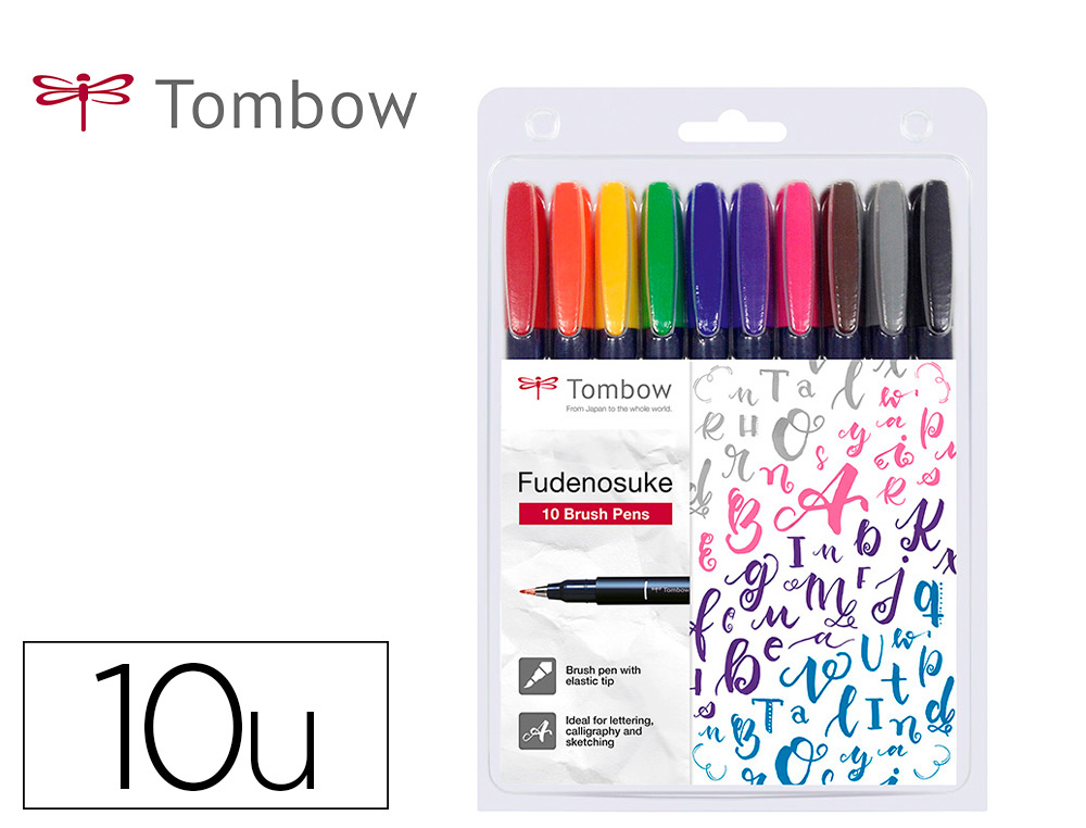 ROTULADOR TOMBOW PUNTA PINCEL DUAL FUDENOSUKE PUNTA DURA TINTA BASE DE AGUA ESTUCHE DE 10 UNIDADES COLORES SURTIDOS