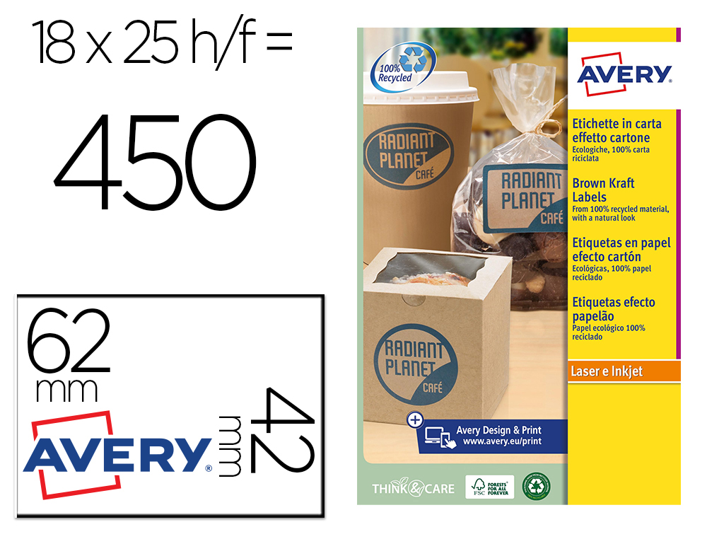 ETIQUETA ADHESIVA AVERY KRAFT EFECTO CARTON RECTANGULAR 62X42 MM REMOVIBLE PARA LASER INK-JET