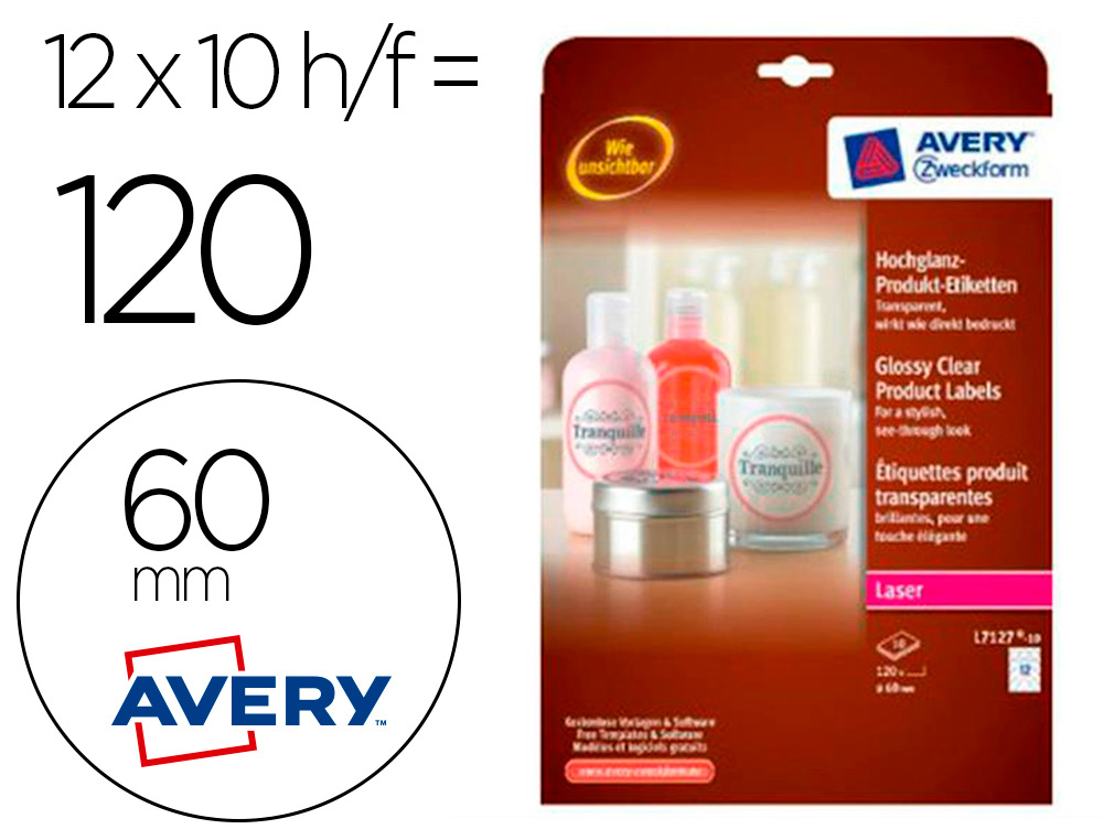 ETIQUETA ADHESIVA AVERY BRILLANTE INVISIBLE REDONDA PARA IMPRESORA LASER 60 MM CAJA DE 120