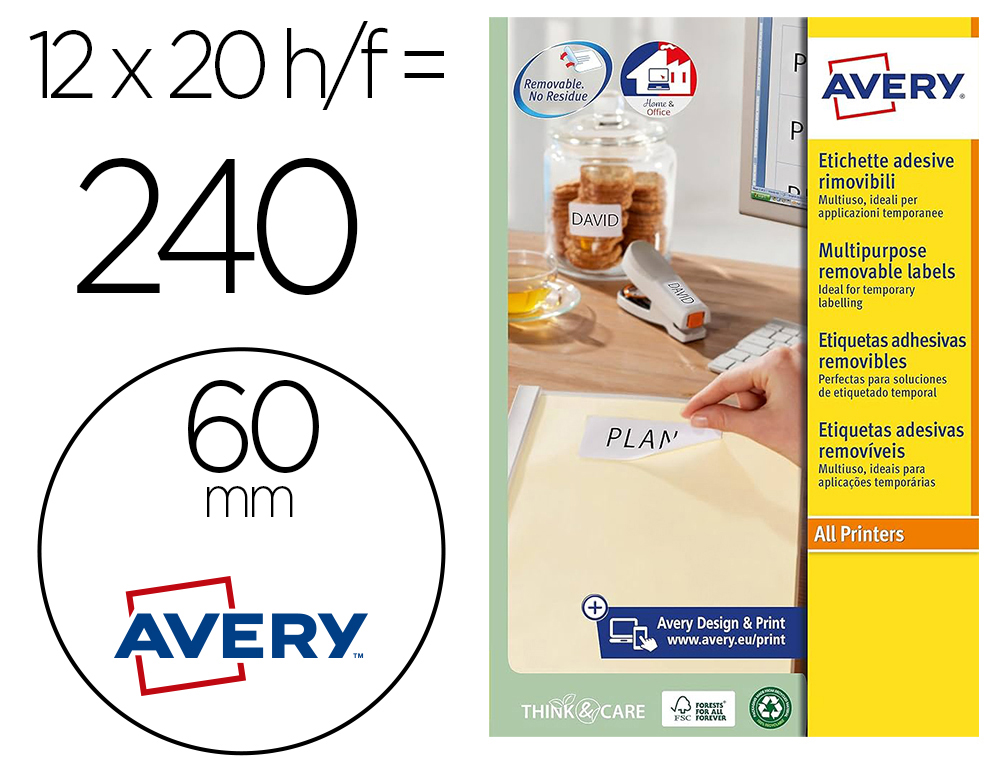 ETIQUETA ADHESIVA AVERY BLANCA REDONDA REMOVIBLE PARA IMPRESORA LASER INYECCION TINTA FOTOCOPIADORA 60 MM