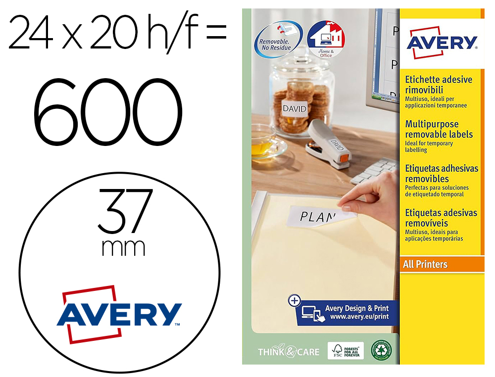 ETIQUETA ADHESIVA AVERY BLANCA REDONDA REMOVIBLE PARA IMPRESORA LASER INYECCION TINTA FOTOCOPIADORA 37 MM