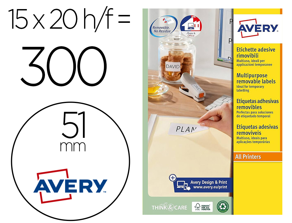ETIQUETA ADHESIVA AVERY BLANCA REDONDA REMOVIBLE PARA IMPRESORA LASER INYECCION TINTA FOTOCOPIADORA 51 MM