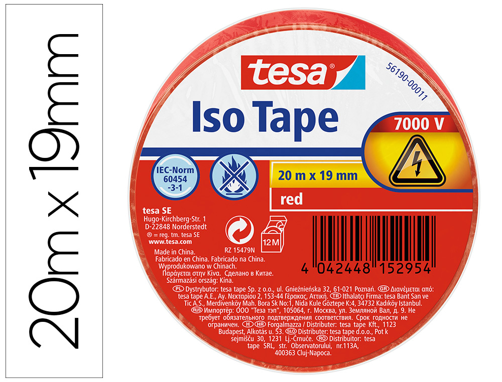 CINTA ADHESIVA AISLANTE TESA 20 MT X 19 MM COLOR ROJO