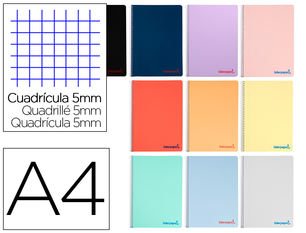 CUADERNO ESPIRAL LIDERPAPEL A4 WONDER TAPA PLASTICO 80H 90GR CUADRO 5MM CON MARGEN COLORES SURTIDOS