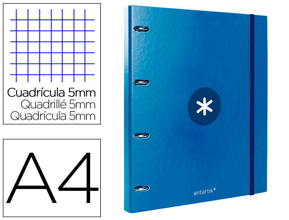 CARPETA CON RECAMBIO LIDERPAPEL ANTARTIK A4 CUADRO 5MM FORRADA 4 ANILLAS 25MM REDONDAS COLOR AZUL