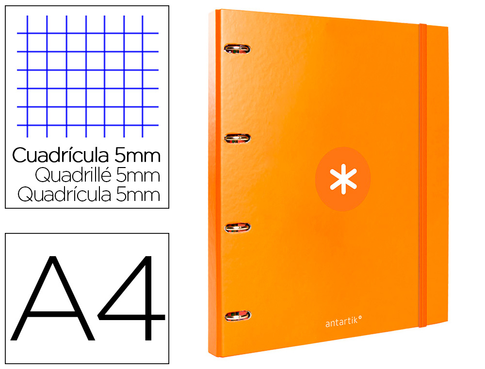 CARPETA CON RECAMBIO LIDERPAPEL ANTARTIK A4 CUADRO 5MM FORRADA 4 ANILLAS 25MM REDONDAS COLOR MOSTAZA
