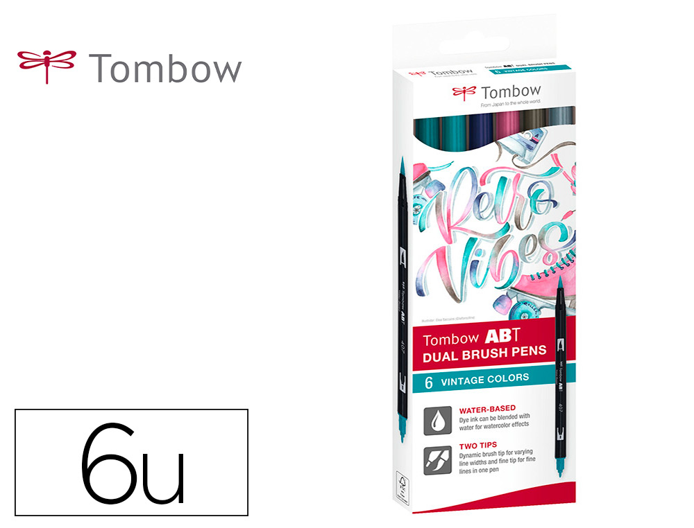 ROTULADOR TOMBOW ACUARELABLE DOBLE PUNTA FINA/PINCEL COLORES VINTAGE CAJA DE 6 UNIDADES COLORES SURTIDOS