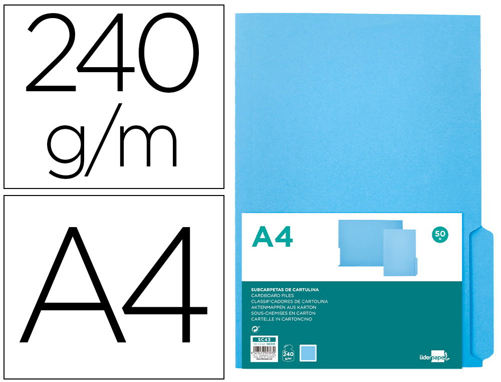 SUBCARPETA CARTULINA LIDERPAPEL DIN A4 PESTAA INFERIOR 240G/M2 AZUL