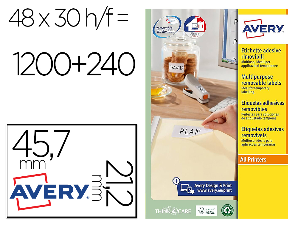 ETIQUETA ADHESIVA AVERY BLANCA REMOVIBLE PARA IMPRESORA LASER INKJET Y FOTOCOPIADORA 45,7X21,2 MM