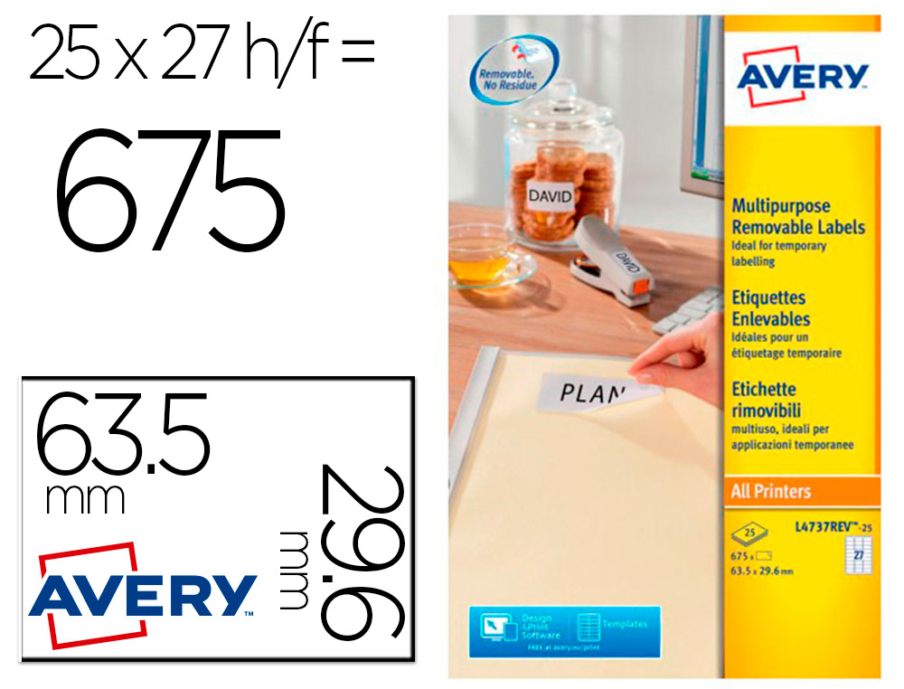 ETIQUETA ADHESIVA AVERY BLANCA REMOVIBLE PARA IMPRESORA LASER INKJET Y FOTOCOPIADORA 63,5X29,6 MM