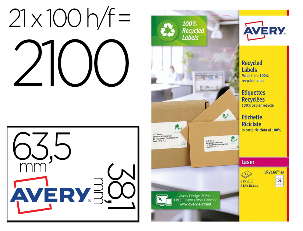 ETIQUETA ADHESIVA AVERY BLANCA PERMANENTE RECICLADA 100% PARA IMPRESORA LASER 63,5X38,1 MM CAJA DE 315