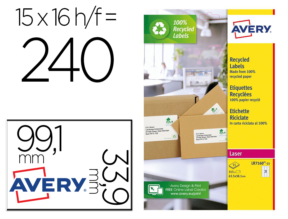 ETIQUETA ADHESIVA AVERY BLANCA PERMANENTE RECICLADA 100% PARA IMPRESORA LASER 99,1X33,9 MM CAJA DE 240