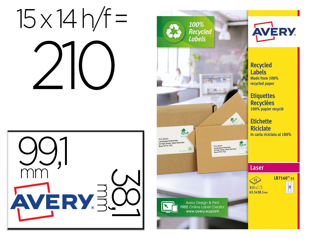 ETIQUETA ADHESIVA AVERY BLANCA PERMANENTE RECICLADA 100% PARA IMPRESORA LASER 99,1X38,1 MM CAJA DE 210