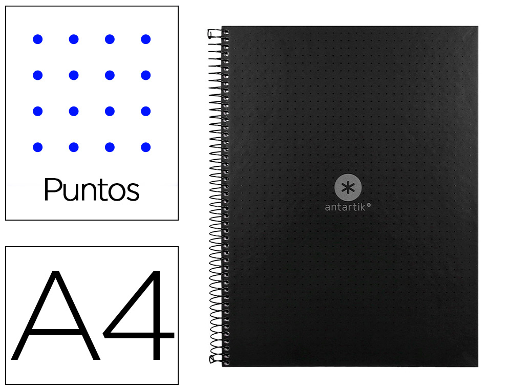 CUADERNO ESPIRAL LIDERPAPEL A4 MICRO ANTARTIK TAPA FORRADA80H 90 GR RAYADO PUNTOS 1 BANDA 4 TALADROS NEGRO