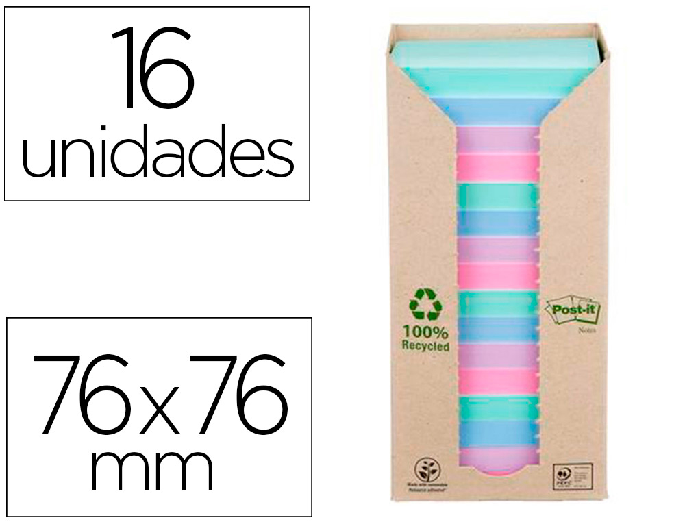 BLOC DE NOTAS ADHESIVAS QUITA Y PON POST-IT 76X76 MM 100% RECICLADA PEFC EN TORRE PACK DE 16 UNIDADES COLORES