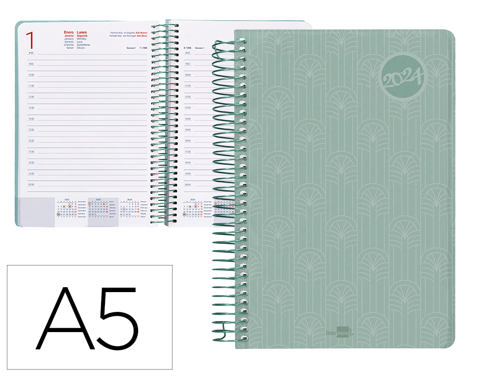 AGENDA ESPIRAL LIDERPAPEL CLASSIC A5 2024 DIA PAGINA PORTADA POLIPROPILENO PAPEL 70 GR COLOR VERDE