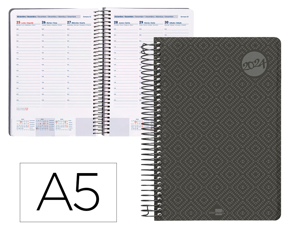 AGENDA ESPIRAL LIDERPAPEL CLASSIC A5 2024 SEMANA VISTA PORTADA POLIPROPILENO PAPEL 70 GR COLOR NEGRO