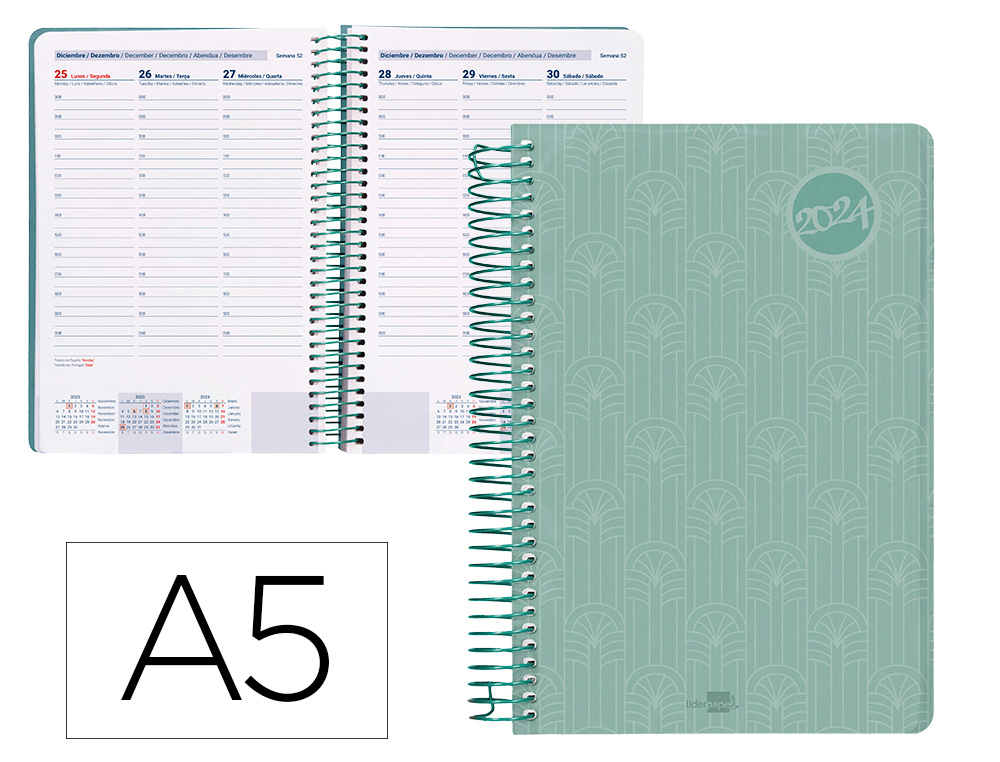 AGENDA ESPIRAL LIDERPAPEL CLASSIC A5 2024 SEMANA VISTA PORTADA POLIPROPILENO PAPEL 70 GR COLOR VERDE