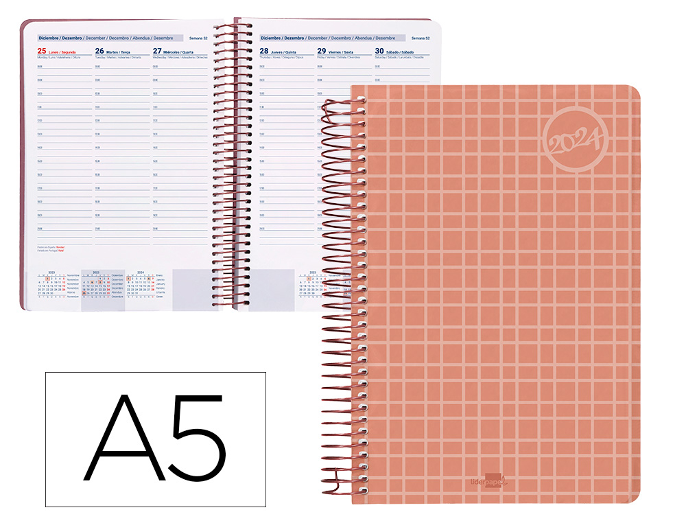 AGENDA ESPIRAL LIDERPAPEL CLASSIC A5 2024 SEMANA VISTA PORTADA POLIPROPILENO PAPEL 70 GR COLOR CORAL