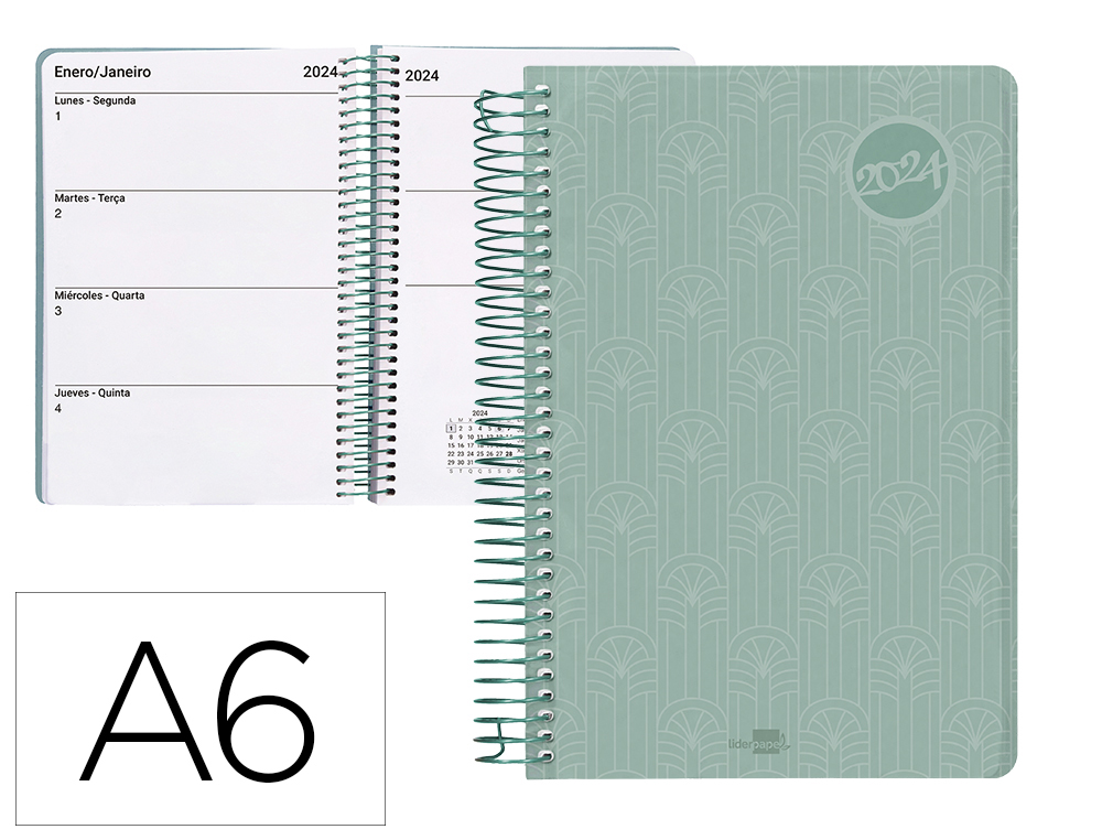 AGENDA ESPIRAL LIDERPAPEL CLASSIC A6 2024 SEMANA VISTA PORTADA POLIPROPILENO PAPEL 70 GR COLOR VERDE
