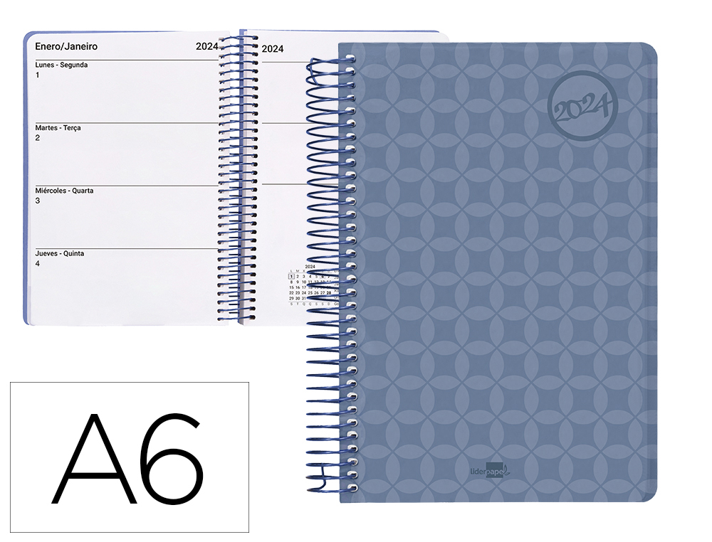 AGENDA ESPIRAL LIDERPAPEL CLASSIC A6 2024 SEMANA VISTA PORTADA POLIPROPILENO PAPEL 70 GR COLOR AZUL