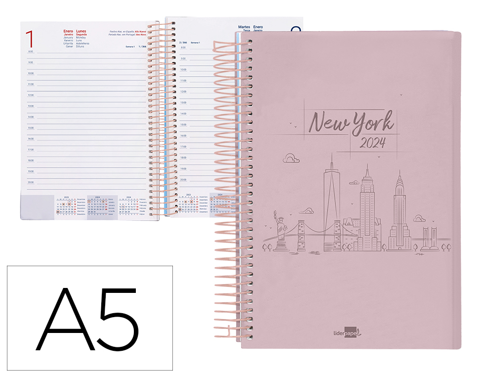 AGENDA ESPIRAL LIDERPAPEL GAZI A5 2024 DIA PAGINA PORTADA POLIPROPILENO PAPEL 70 GR NEW YORK