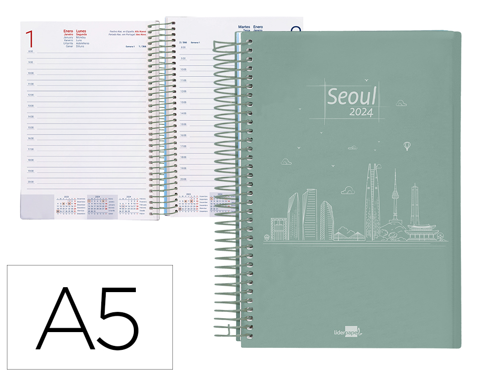 AGENDA ESPIRAL LIDERPAPEL GAZI A5 2024 DIA PAGINA PORTADA POLIPROPILENO PAPEL 70 GR SEOUL