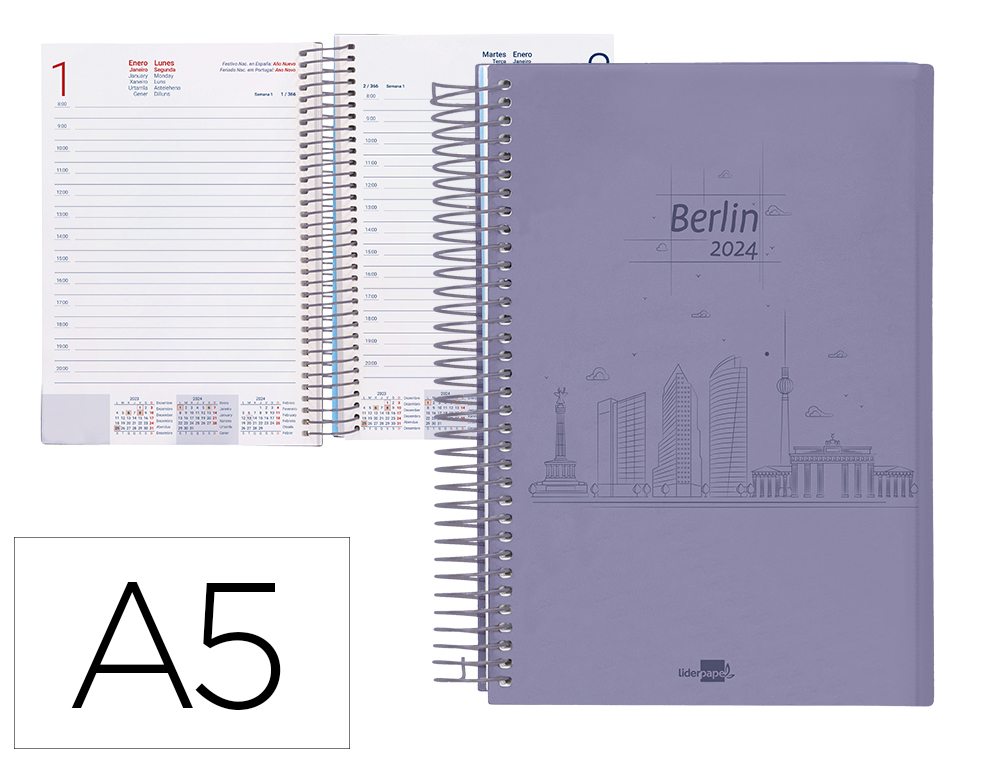 AGENDA ESPIRAL LIDERPAPEL GAZI A5 2024 DIA PAGINA PORTADA POLIPROPILENO PAPEL 70 GR BERLIN