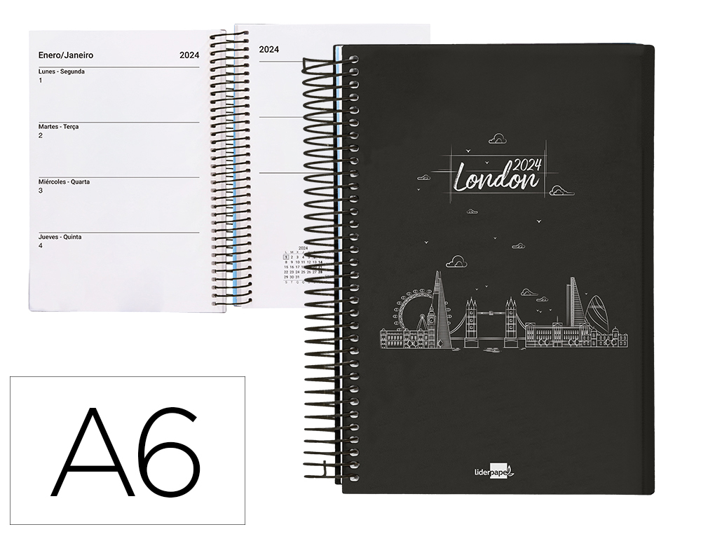 AGENDA ESPIRAL LIDERPAPEL GAZI A6 2024 SEMANA VISTA PORTADA POLIPROPILENO PAPEL 70 GR LONDON