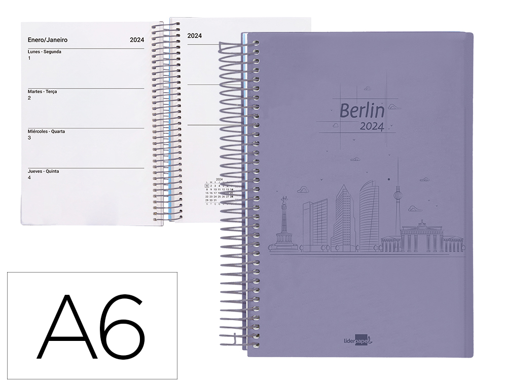 AGENDA ESPIRAL LIDERPAPEL GAZI A6 2024 SEMANA VISTA PORTADA POLIPROPILENO PAPEL 70 GR BERLIN