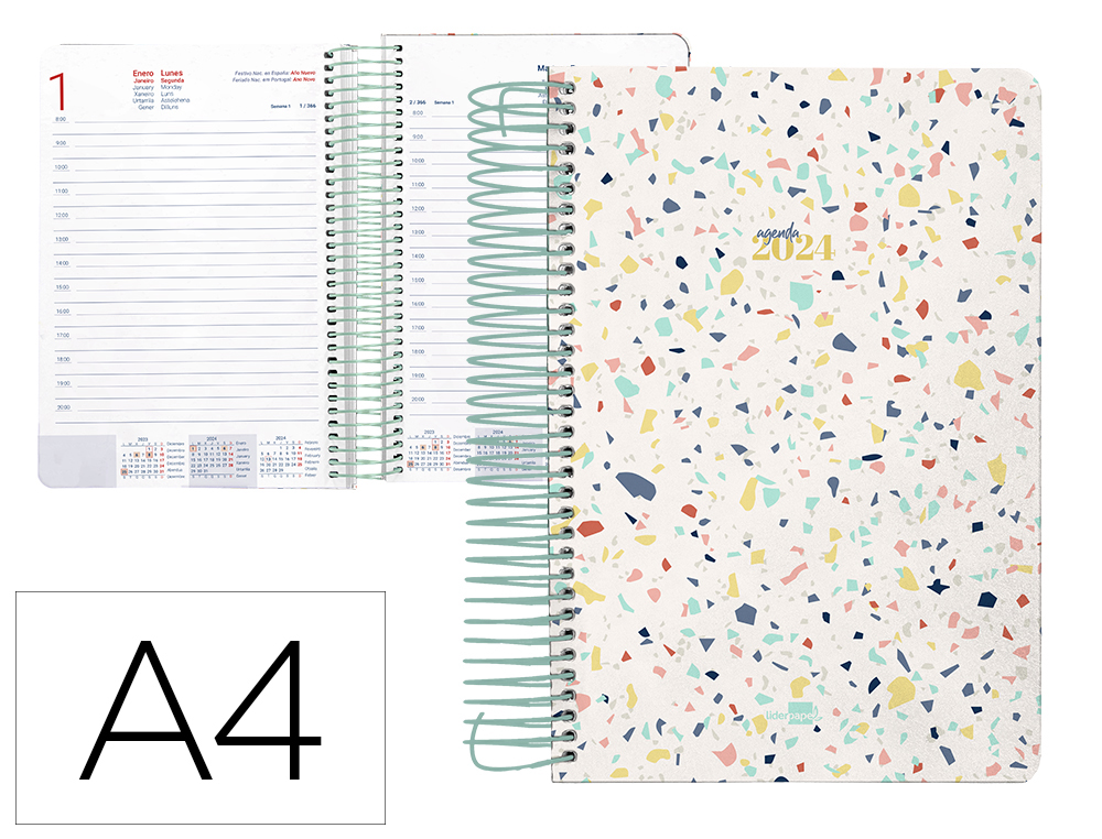 AGENDA ESPIRAL LIDERPAPEL PERISSA A4 2024 DIA PAGINA PAPEL 80 GR DISEO TERRAZO