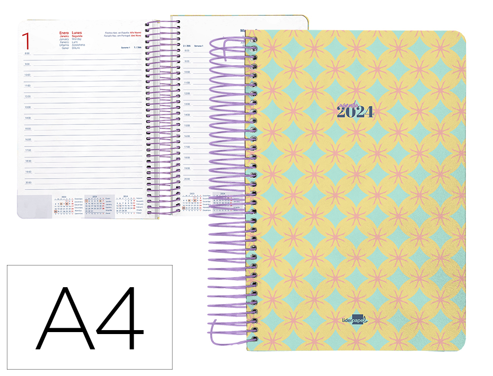AGENDA ESPIRAL LIDERPAPEL PERISSA A4 2024 DIA PAGINA PAPEL 80 GR DISEO CIRCLE