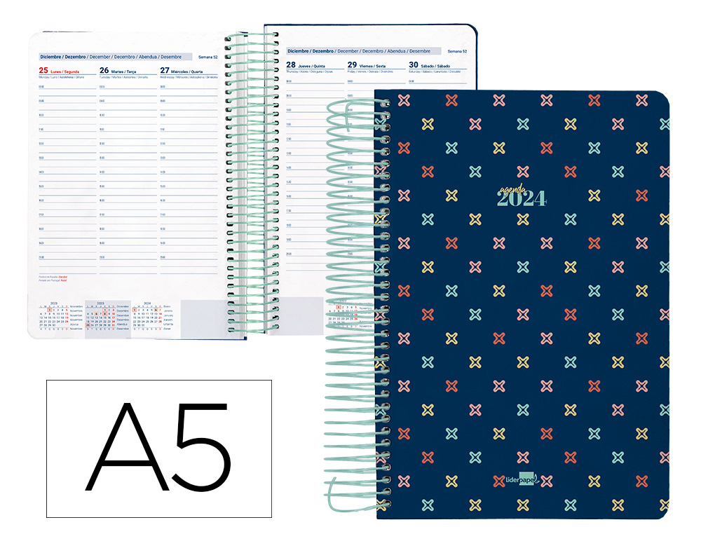 AGENDA ESPIRAL LIDERPAPEL PERISSA A5 2024 SEMANA VISTA PAPEL 80 GR DISEO CROSS