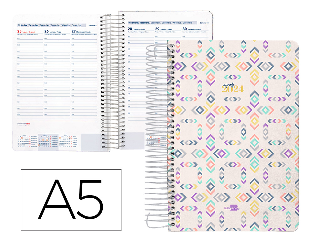 AGENDA ESPIRAL LIDERPAPEL PERISSA A5 2024 SEMANA VISTA PAPEL 80 GR DISEO SQUARE