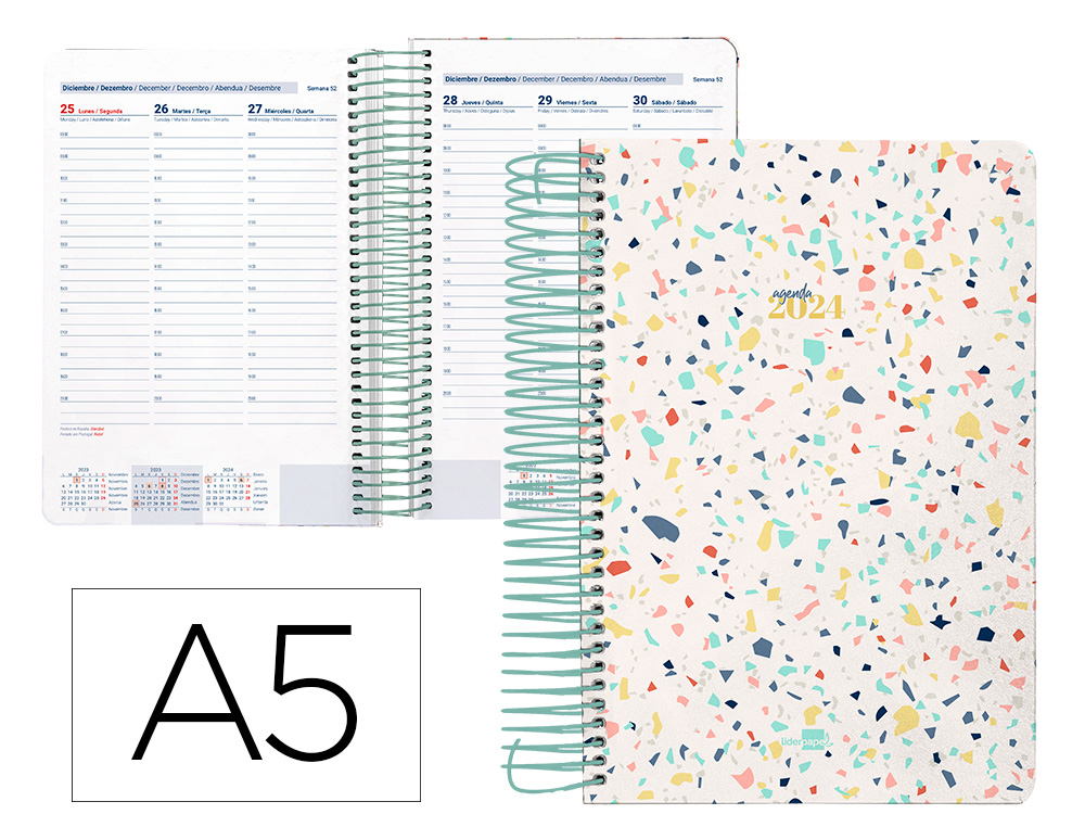 AGENDA ESPIRAL LIDERPAPEL PERISSA A5 2024 SEMANA VISTA PAPEL 80 GR DISEO TERRAZO