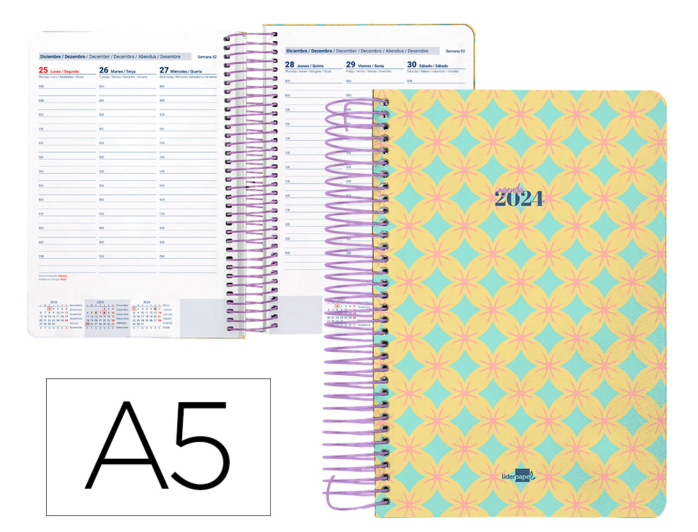 AGENDA ESPIRAL LIDERPAPEL PERISSA A5 2024 SEMANA VISTA PAPEL 80 GR DISEO CIRCLE