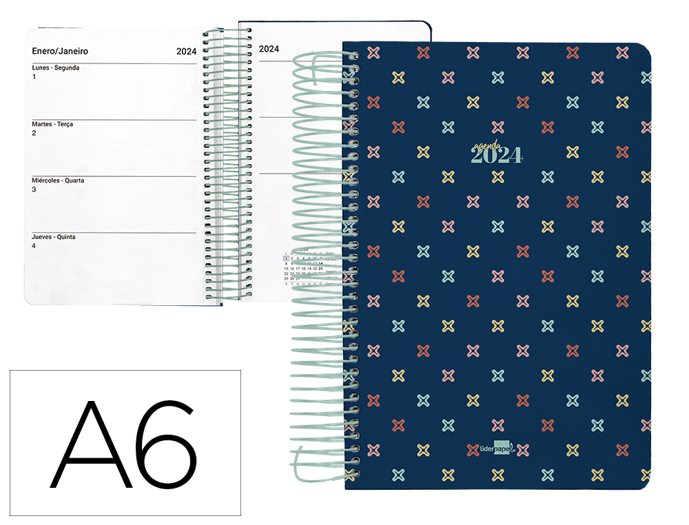 AGENDA ESPIRAL LIDERPAPEL PERISSA A6 2024 SEMANA VISTA PAPEL 80 GR DISEO CROSS