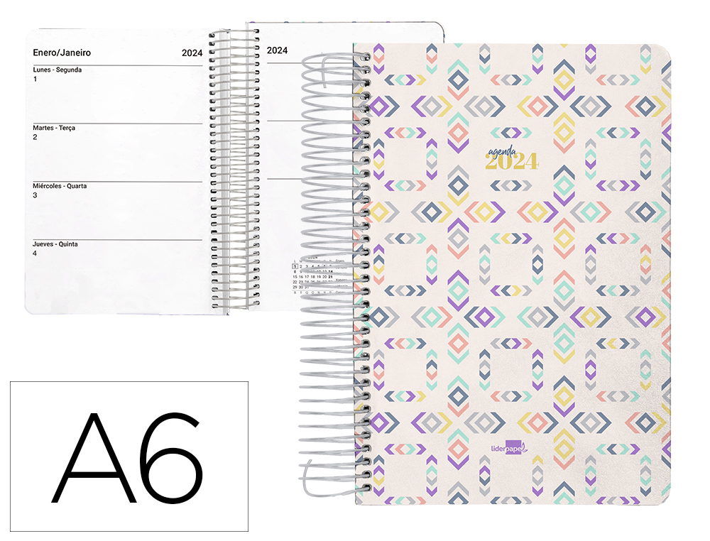 AGENDA ESPIRAL LIDERPAPEL PERISSA A6 2024 SEMANA VISTA PAPEL 80 GR DISEO SQUARE