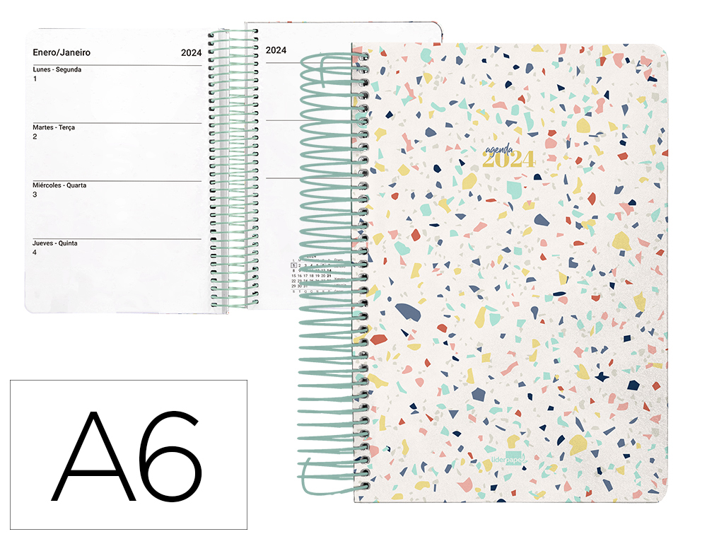AGENDA ESPIRAL LIDERPAPEL PERISSA A6 2024 SEMANA VISTA PAPEL 80 GR DISEO TERRAZO