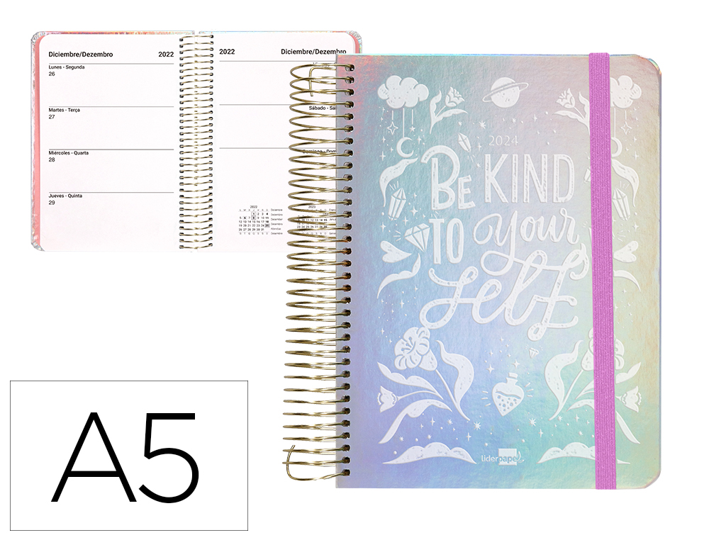AGENDA ESPIRAL LIDERPAPEL TAPA IRIDISCENTE KYMOLOS A5 2024 SEMANA VISTA PAPEL 70 G