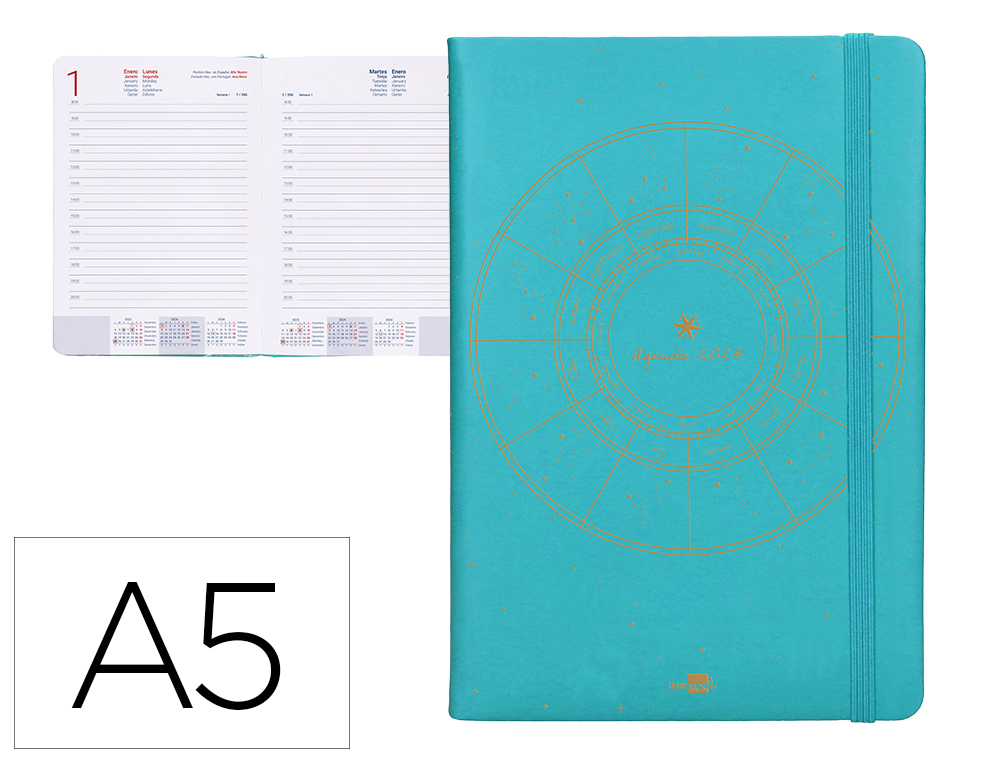 AGENDA ENCUADERNADA LIDERPAPEL EFIRA A5 2024 DIA PAGINA COLOR TURQUESA PAPEL 70 GR