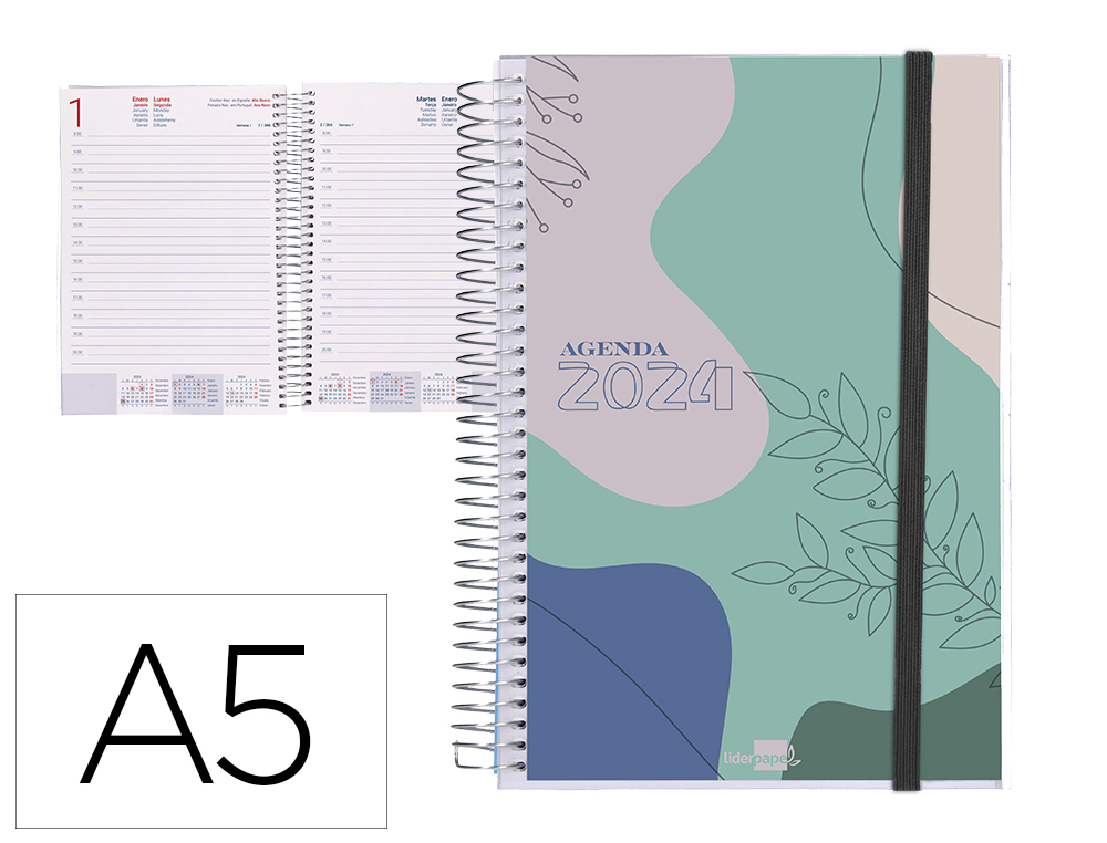 AGENDA ESPIRAL LIDERPAPEL TINOS A5 2024 DIA PAGINA PORTADA POLIPROPILENO PERSONALIZABLE PAPEL 70 GR