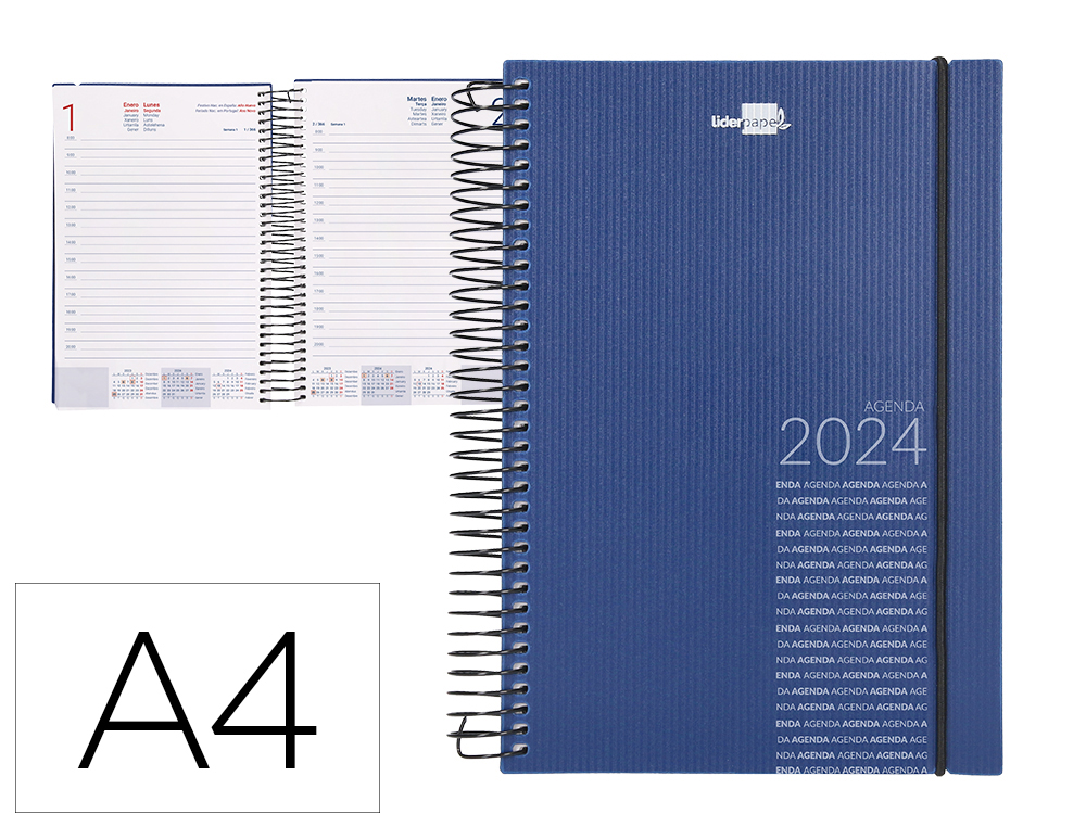 AGENDA ESPIRAL LIDERPAPEL OLBIA DIN A4 2024 DIA PAGINA TAPA POLIPROPILENO METALIZADO AZUL PAPEL 60 GR