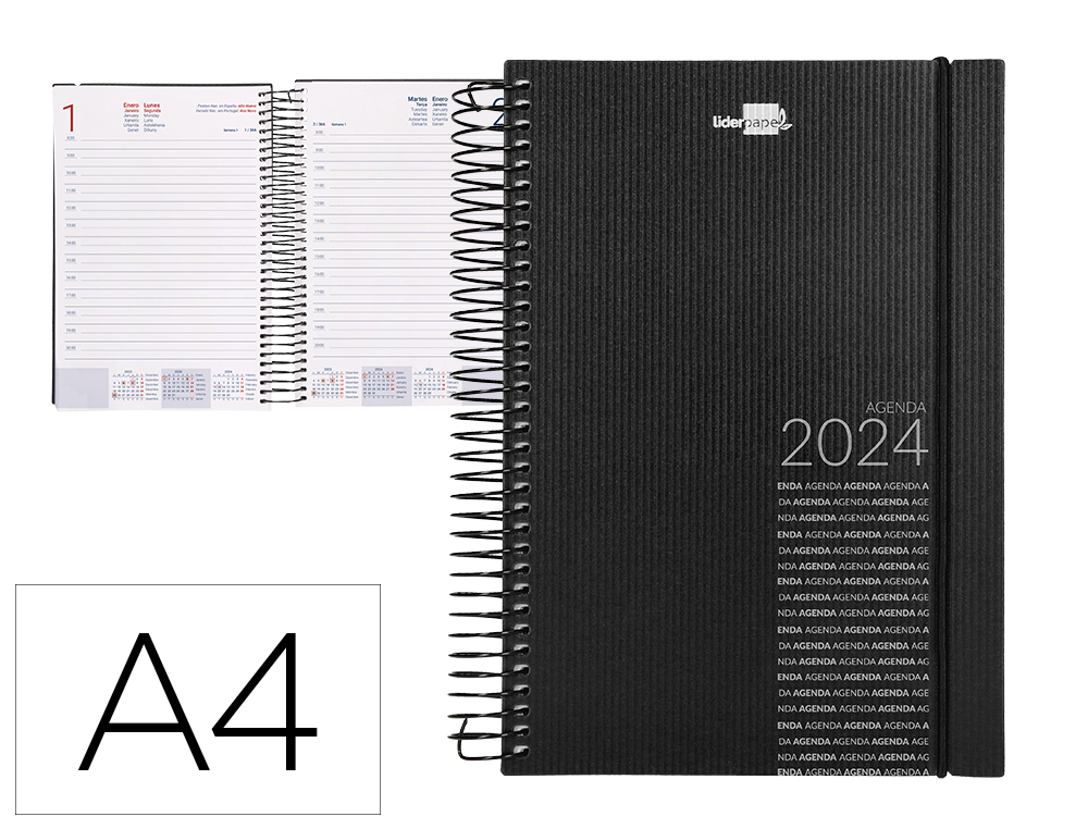 AGENDA ESPIRAL LIDERPAPEL OLBIA DIN A4 2024 DIA PAGINA TAPA POLIPROPILENO METALIZADO NEGRO PAPEL 60 GR