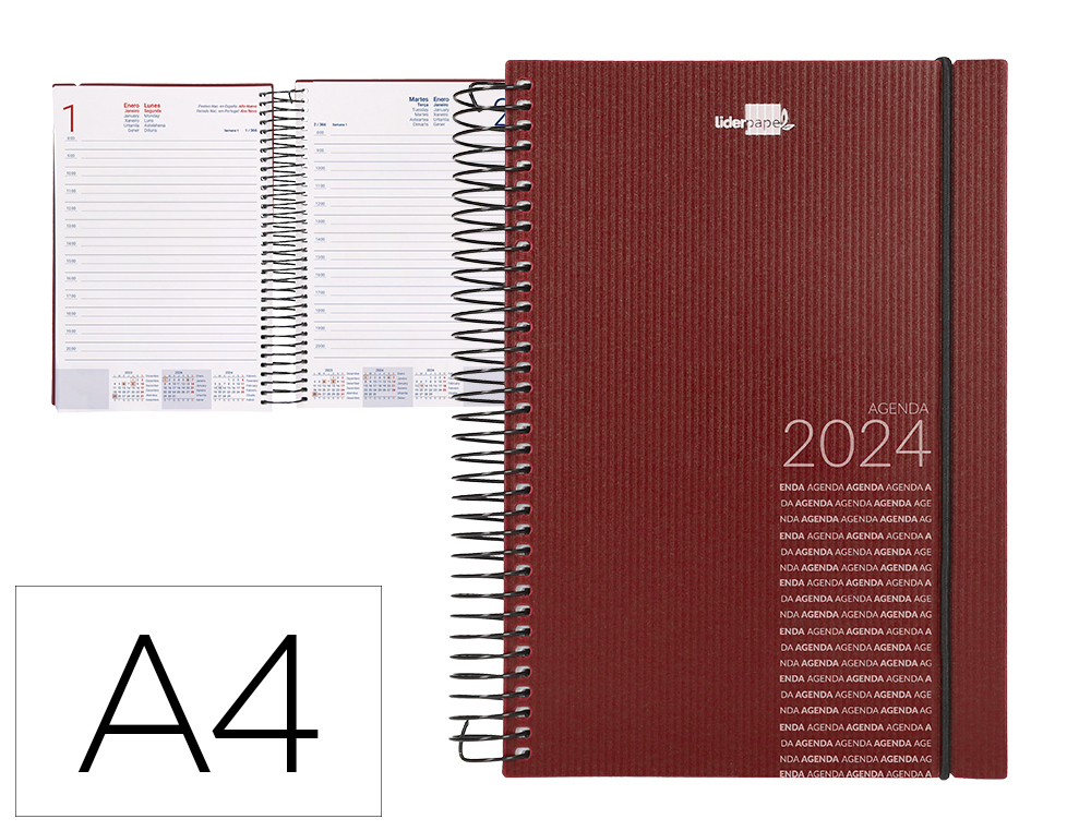 AGENDA ESPIRAL LIDERPAPEL OLBIA DIN A4 2024 DIA PAGINA TAPA POLIPROPILENO METALIZADO BURDEOS PAPEL 60 GR