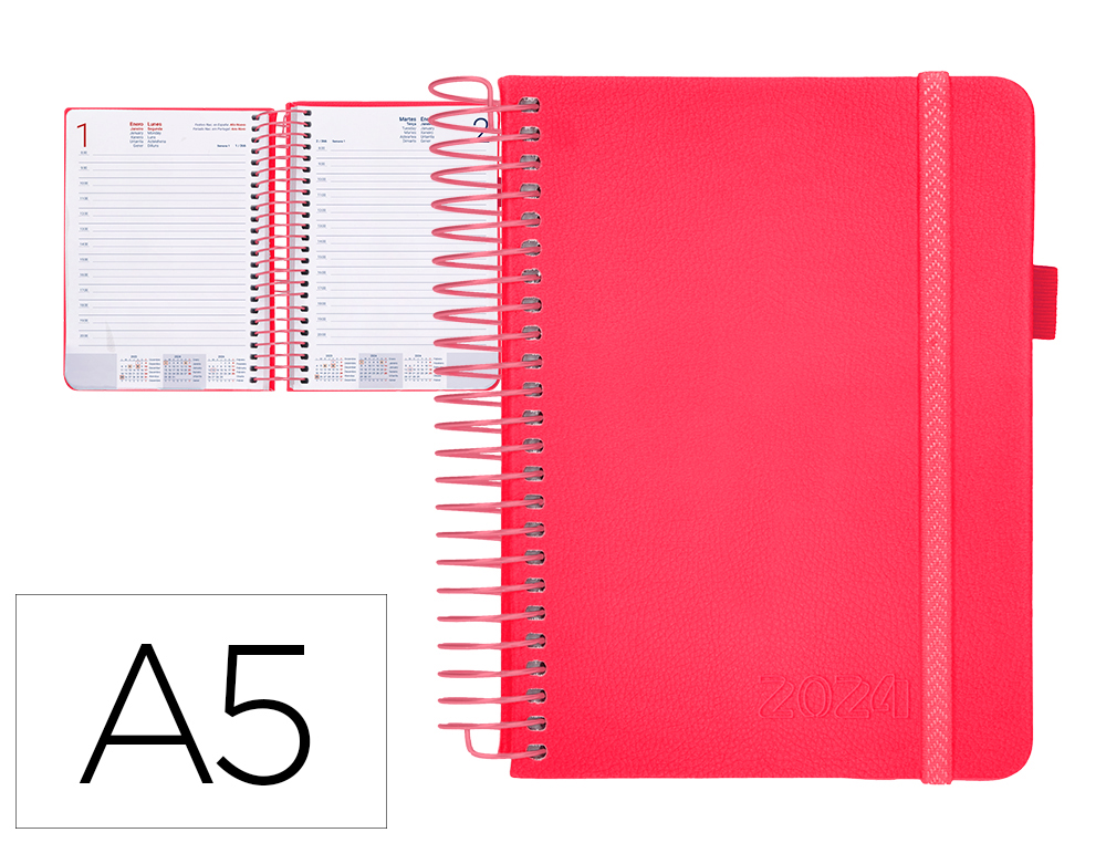 AGENDA ENCUADERNADA LIDERPAPEL NEON A5 2024 DIA PAGINA PAPEL 70 GR COLOR ROSA