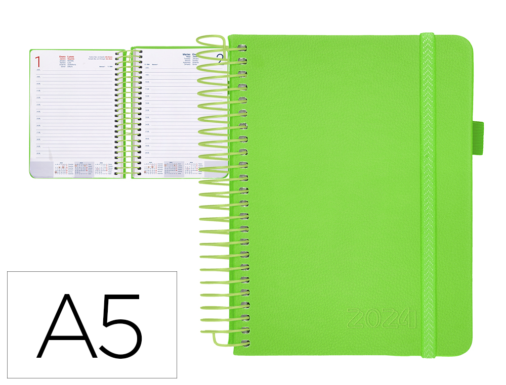 AGENDA ENCUADERNADA LIDERPAPEL NEON A5 2024 DIA PAGINA PAPEL 70 GR COLOR VERDE