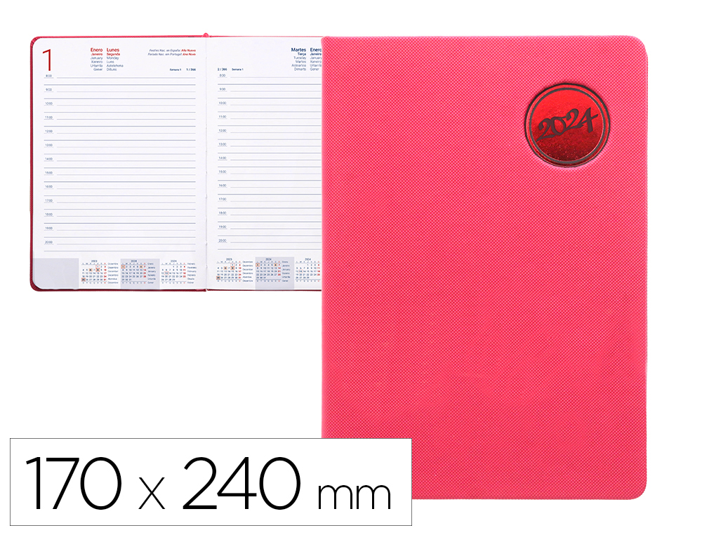 AGENDA ENCUADERNADA LIDERPAPEL KILKIS 17X24 CM 2024 DIA PAGINA COLOR ROSA PAPEL 70 GR