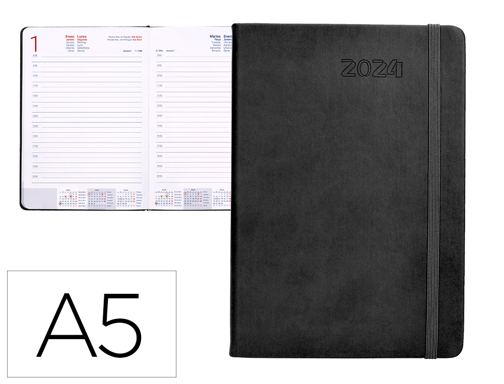 AGENDA ENCUADERNADA LIDERPAPEL ESPARTA 15X21 CM 2024 DIA PAGINA CON GOMILLA COLOR GRIS PAPEL 70 GR