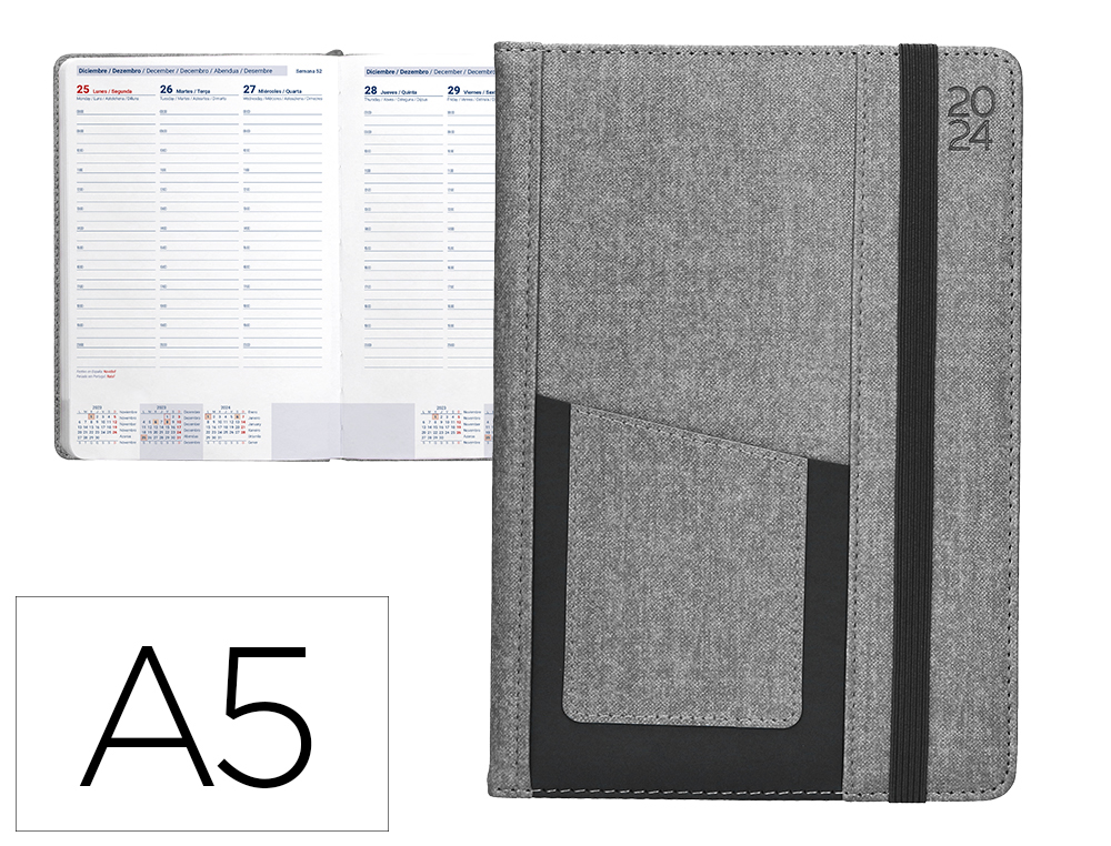 AGENDA ENCUADERNADA LIDERPAPEL SARIA A5 2024 SEMANA VISTA COLOR GRIS PAPEL 70 GR